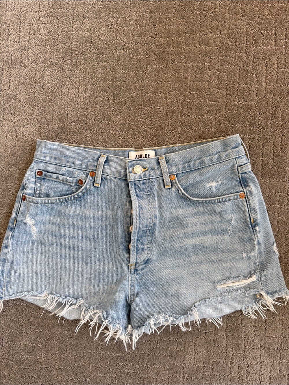 Agolde Light Wash Distressed Parker High-Rise Denim Shorts